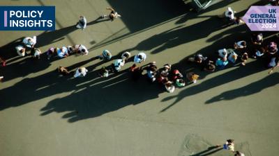 An arial view photo of people forming a line