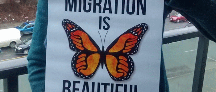 Alison Phipps holding MIGRATION IS BEAUTIFUL poster featuring a monarch butterfly