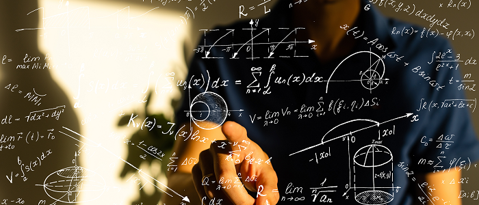 Clear screen with mathematical symbols on it and a person's hand pointing
