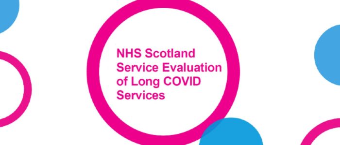 A digital graphic for NHS Scotland's service evaluation of Long COVID services. The background is white with bold pink and blue circular elements. The text