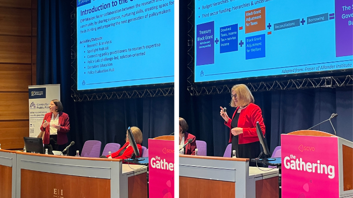 A photo of Kezia Dugdale (left) and Nicola McEwen (right) presenting at the Gathering