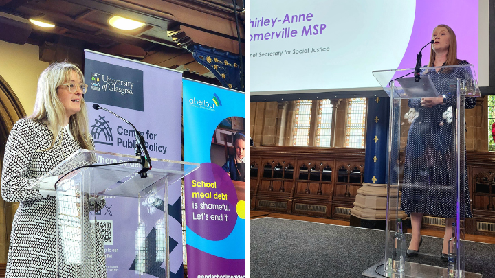 A photo of Nicola Killean, Children and Young People’s Commissioner Scotland (left) and Cabinet Secretary for Social Justice, Shirley-Anne Somerville (right) speaking at the event