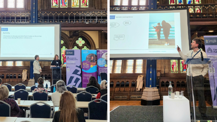 Left: Dr Claire MacRae and Dr Thomas Rochow speaking to the room; Right: Thomas talking to the slides