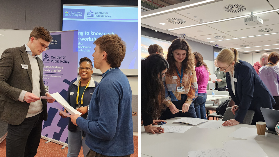 Two photos showing people in discussion and working together