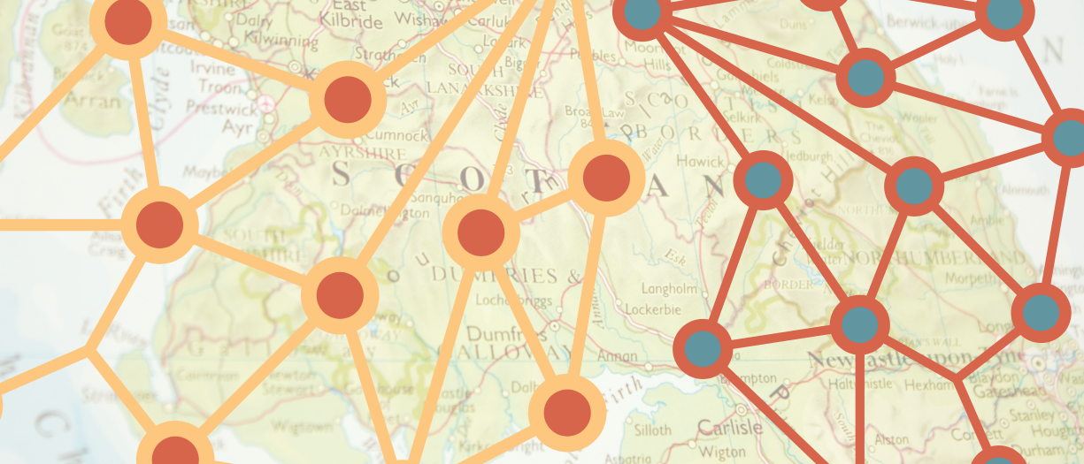 Stylised network of interconnected nodes overlaid on a map of Scotland, symbolising collaboration