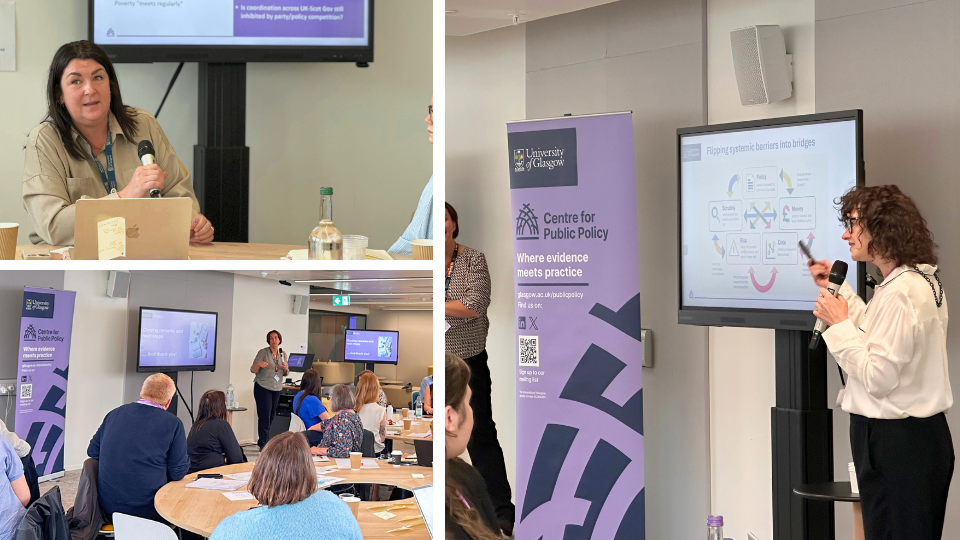 Collage of photos from the event featuring (top left, bottom left, right) Dr Claire Macrae, Professor Kezia Dugdale, Fiona Duncan