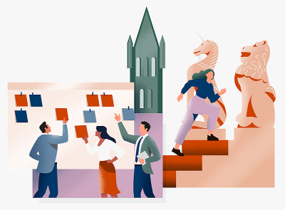 Illustration of people on campus