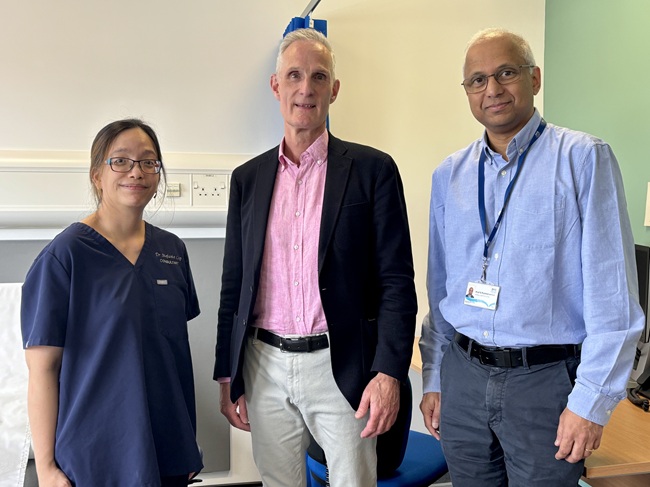 From left to right: Clinical Senior Lecturer Stefanie Lip, trial participant Eric Balish and trial lead Professor Sandosh Padmanabhan