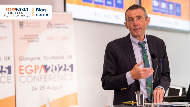 A photo of Alasdair Roberts speaking at the EGPA conference, text reads EGPA Blog Series