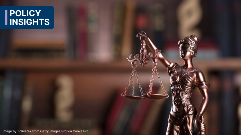 A photo of lady justice statue with text that reads Policy Insights