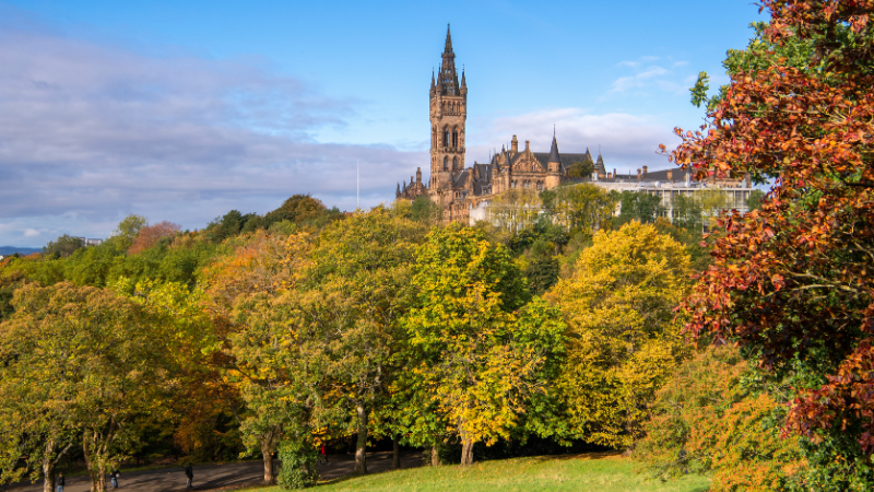 A photo of the University of Glasgow main building from Kelvingrove Park