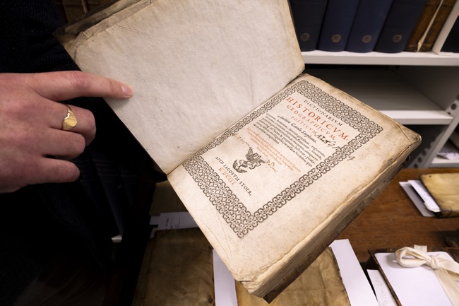 A copy of a dictionary from the personal library of Zachary Boyd held in the University’s Archives & Special Collections which includes Boyd’s own signature. Credit Martin Shields.
