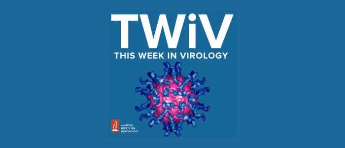 This Week in Virology Logo. White text on blue background. Purple graphic of a virus.