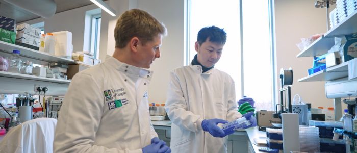 Two people in lab coats and gloves work together at a laboratory bench, handling equipment and samples.
