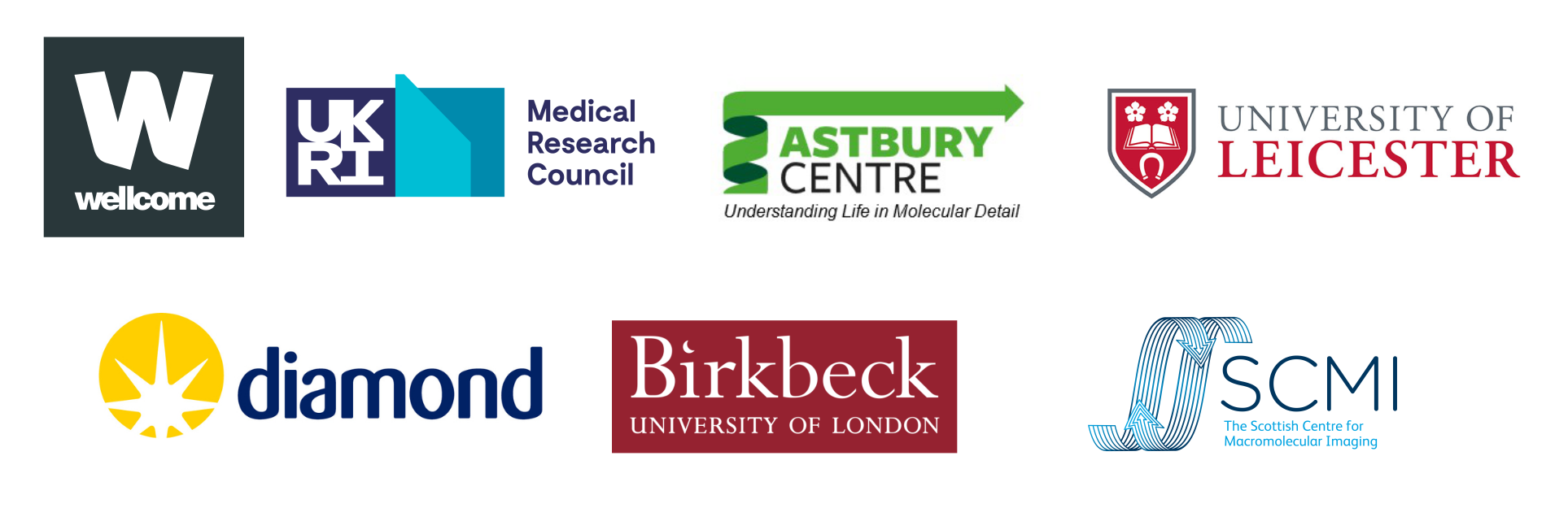 Logos for training course funders and partners (Medical Research Council, Wellcome Trust, Astbury Biostructure Laboratory, University of Leicester, Diamond Light Source, Birkbeck College, Scottish Centre for Macromolecular Imaging)