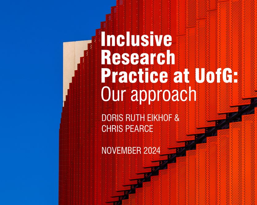 The title page of IRP at UofG, White text over the Red JMS building with blue sky behind