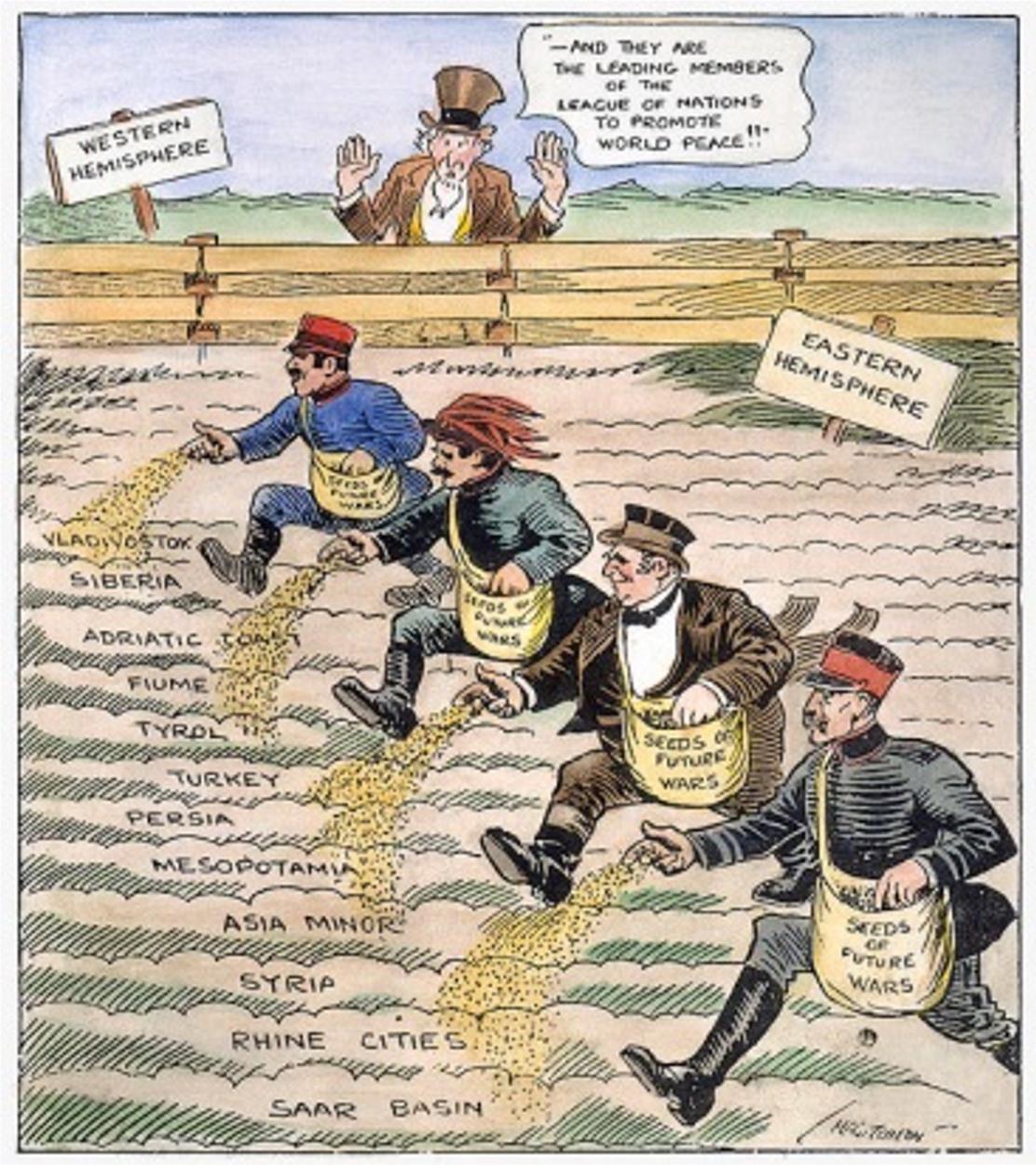 Political cartoon critiques the League of Nations by illustrating figures representing European powers literally 'sowing' the