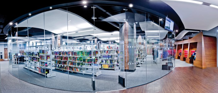Library study area with bookshelves