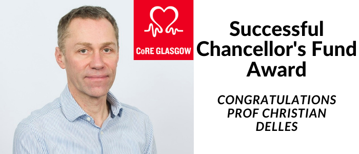 portrait of Christian, BHF CoRE Glasgow logo and text